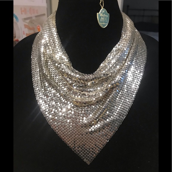 Whiting & Davis VINTAGE SIGNED Mesh bib Chain Necklace sparkly earring 1940’s - Picture 12 of 14